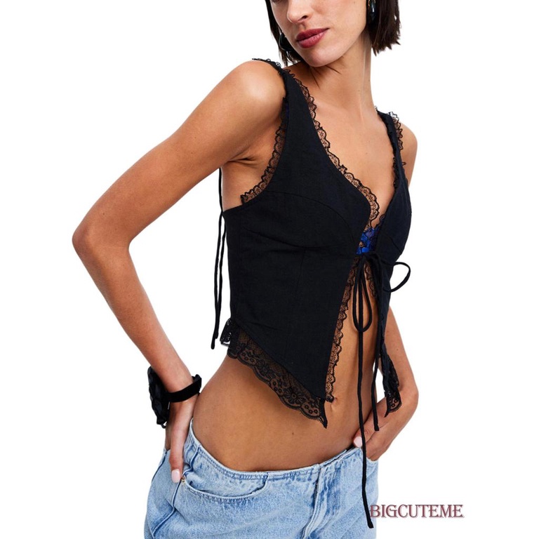 [] - Áo Crop Top Không Tay Ôm Dáng Màu Trơn Cột Dây Phía Trước Phối Ren Gợi Cảm Cho Nữ