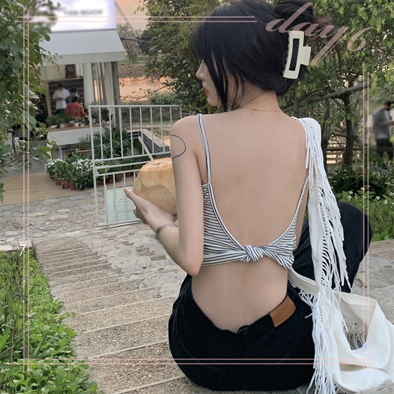 Áo Croptop Dệt Kim Sát Nách Hở Lưng Họa Tiết Kẻ Sọc Thời Trang Mùa Hè Phong Cách Hàn Quốc Cho Nữ