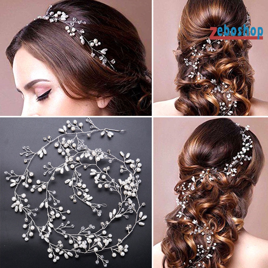 Băng Đô Cài Tóc Đính Ngọc Trai Nhân Tạo Dài Linh Hoạt Handmade Cho Cô Dâu