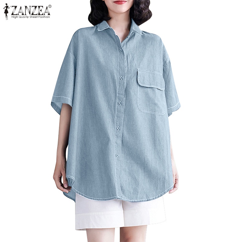 ZANZEA Áo Sơ Mi Tay Ngắn Có Túi Cài Nút Thời Trang Hàn Quốc Cho Nữ