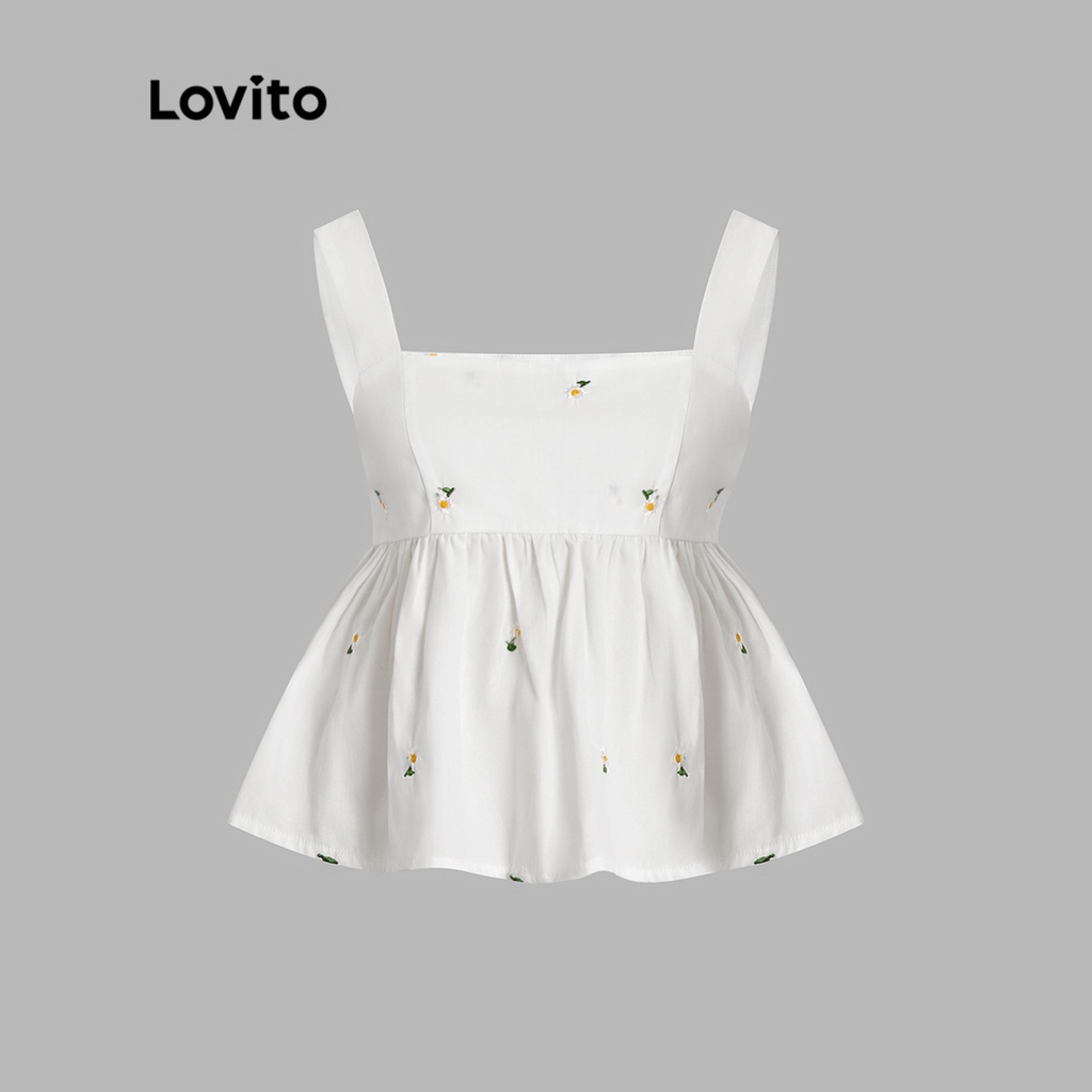 Áo dây cotton Lovito cổ vuông thêu hoa mặt trời viền nhún bèo dễ thương cho nữ L47AD023 (màu trắng)