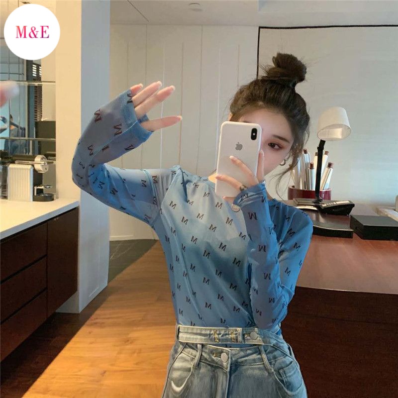 Áo Thun Tay Dài Chống Nắng Vải Lụa Lạnh Mỏng In Chữ Thời Trang Mùa Hè 2023 Cho Nữ