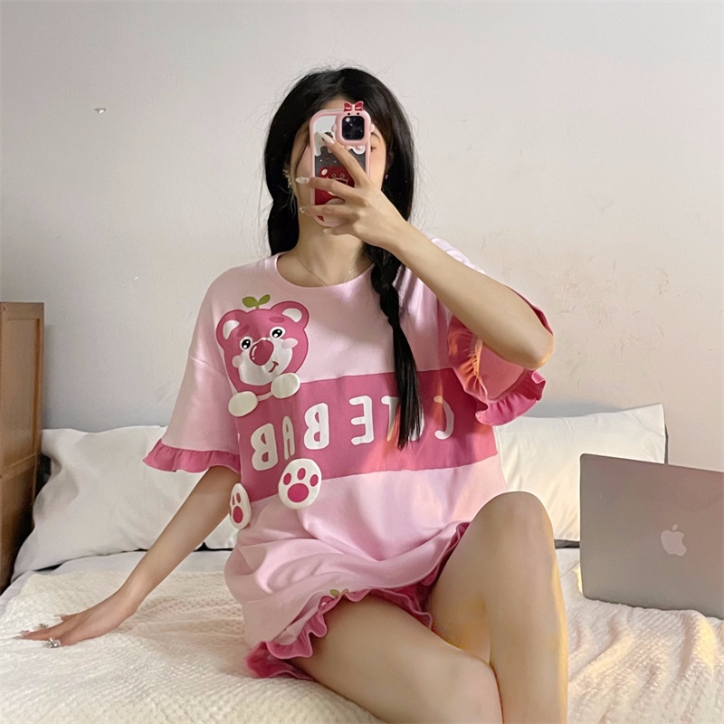 Bộ Đồ Ngủ In Họa Tiết Hoạt Hình Dễ Thương Phong Cách Hàn Quốc Thời Trang Mùa Hè Thu Cho Bạn Gái