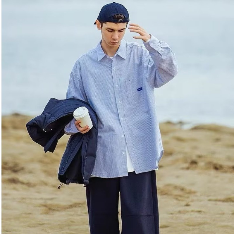 Áo Khoác Sơ Mi Dài Tay Dáng Rộng Họa Tiết Kẻ Sọc Phong Cách Nhật Bản Thời Trang Mùa Hè Hàng Mới Dành Cho Bạn Trai