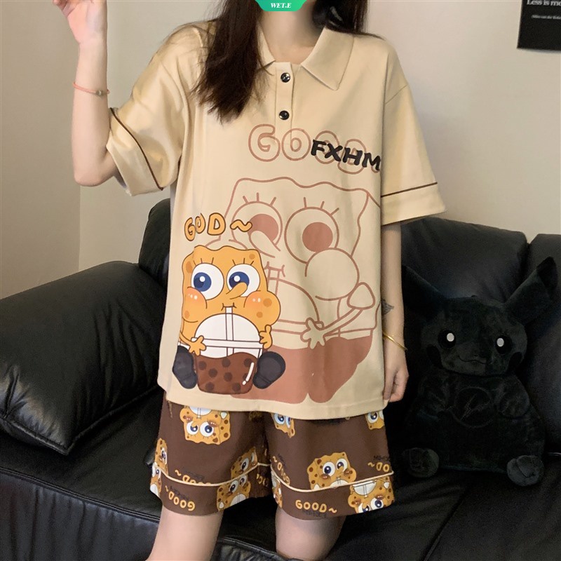 Bộ Đồ Ngủ Ngắn Tay Dáng Rộng In Hoạt Hình SpongeBob Kiểu Hàn Quốc Thời Trang Mùa Hè Cho Nữ