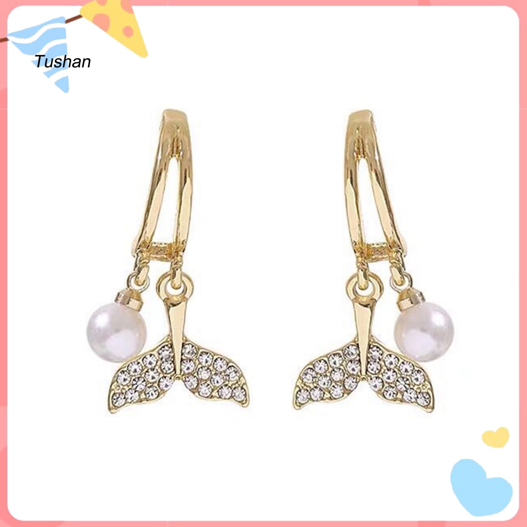 1 Đôi Bông Tai Hình Đuôi Cá Đính Ngọc Trai Giả Phong Cách Vintage