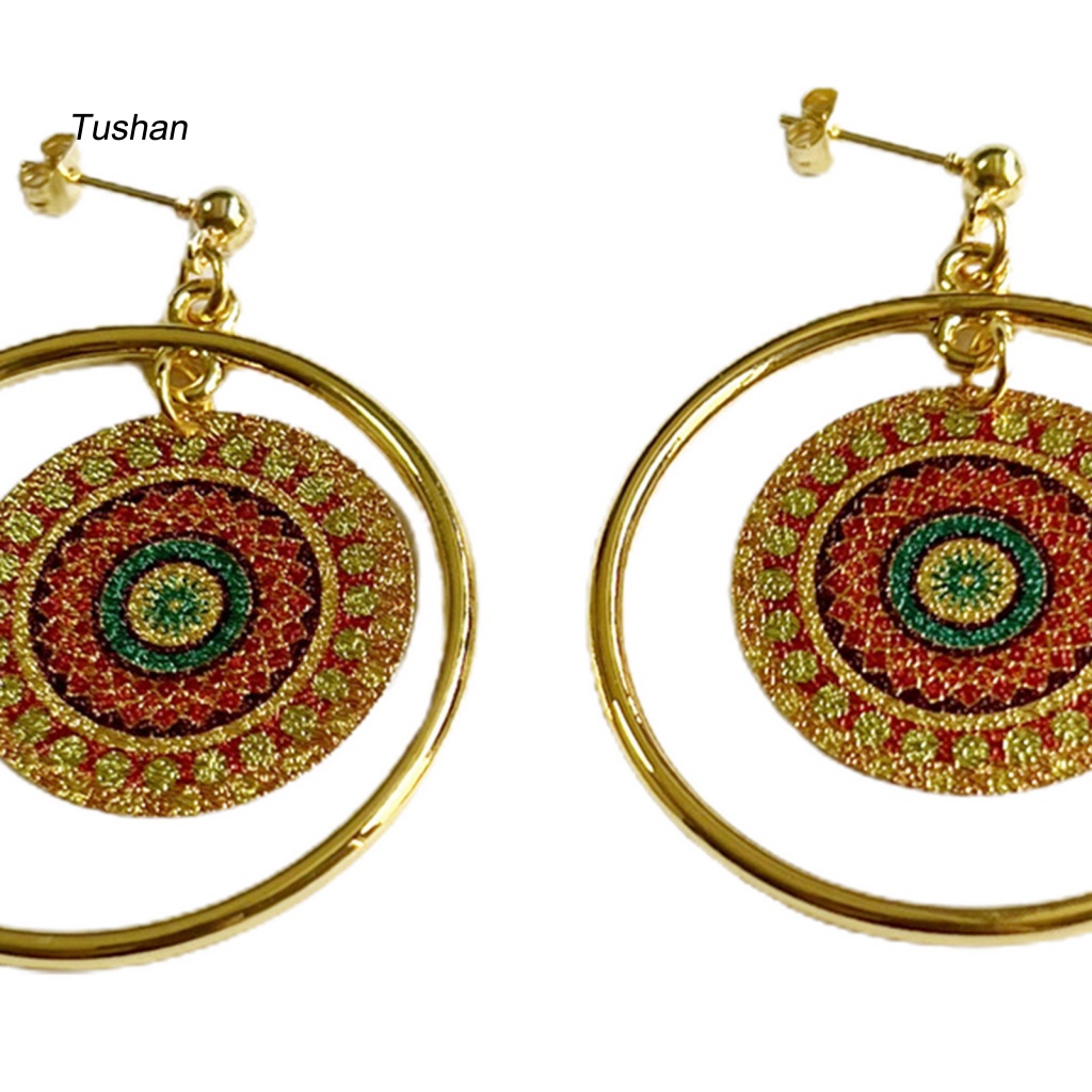 1 Đôi Bông Tai Hình Tròn Mạ Điện Họa Tiết Hình Học Phong Cách Vintage Dành Cho Nữ