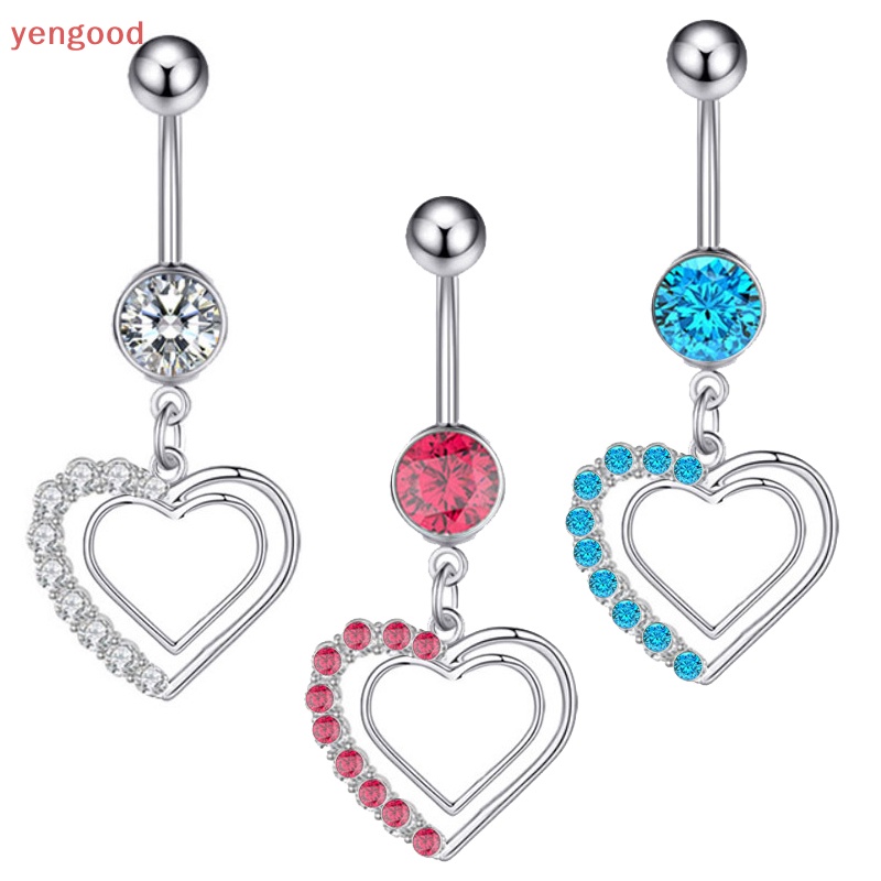 (YGD) Khuyên Rốn Dài Bằng Thép Không Gỉ Trang Sức Múa Bụng Đính Pha Lê Hình Trái Tim Mới