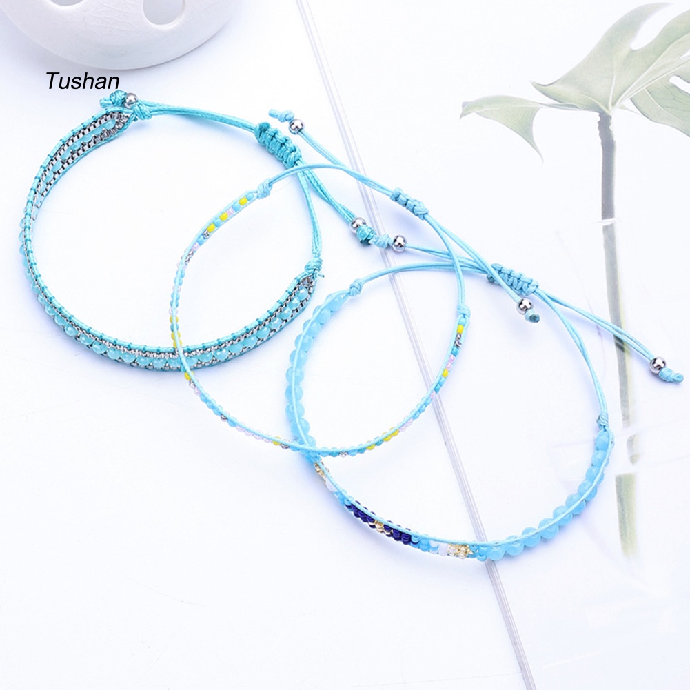 Set 3 Vòng Tay Bện Dây Xâu Hạt Nhiều Màu Phong Cách Bohemian