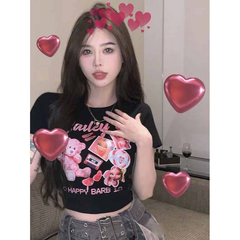 Áo baby tee Thun croptop nữ Croptop Trễ Vai Ôm Dáng Thiết Kế Màu Đen Ngọt Ngào Thời Trang Mùa Hè Cho Nữ