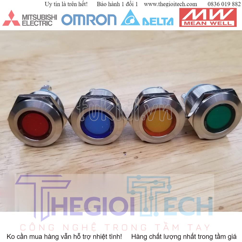 Đèn LED báo nguồn, báo tín hiệu vỏ kim loại, phi 19mm, điện áp 24V - Xanh lá