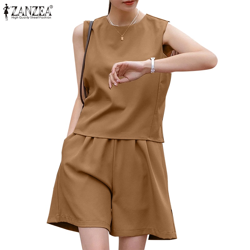 Zanzea Set Áo Thun Không Tay Cổ Tròn Kèm Quần Short Lưng Thun Thời Trang Nữ
