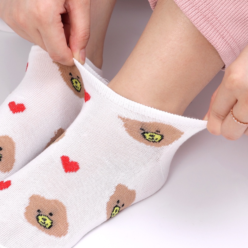 Bộ 5 Đôi Vớ Ngắn Bằng Cotton Thoáng Khí Chống Trượt Họa Tiết Gấu Hoạt Hình Phong Cách Harajuku Cho Nữ