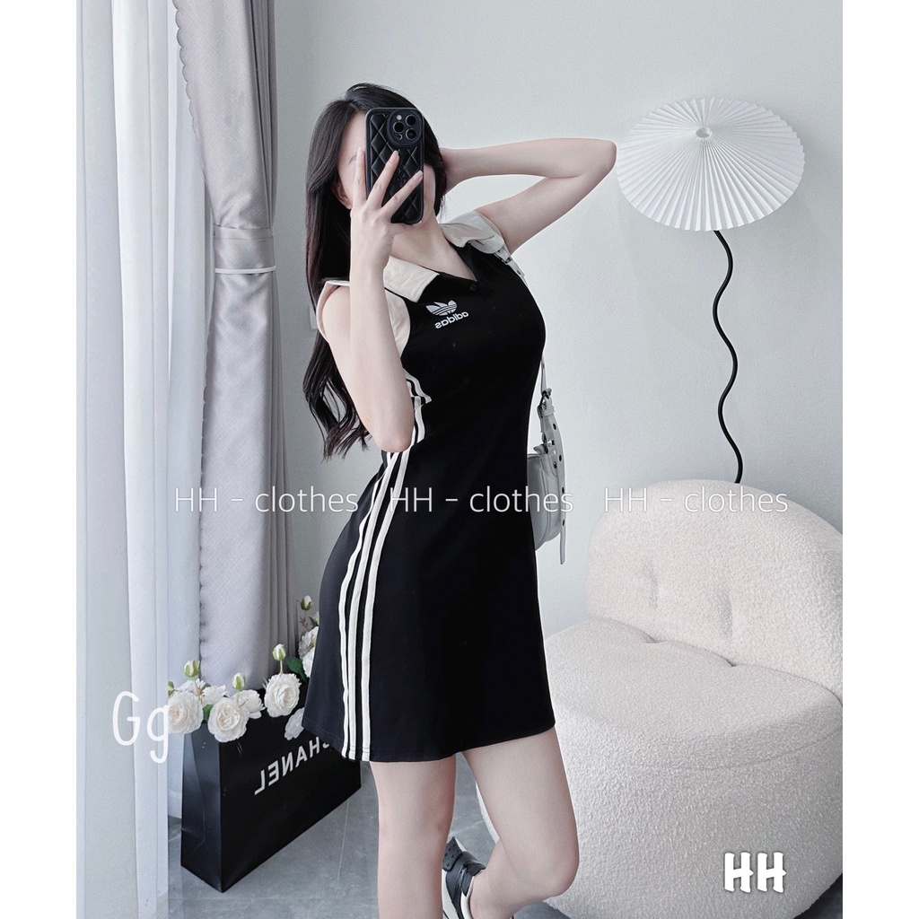 Đầm body nữ mặc nhà đi chơi ba lỗ dáng ngắn phối sọc đứng thêu chữ kiểu cổ bẻ chất thun gân xinh hot alohastore1