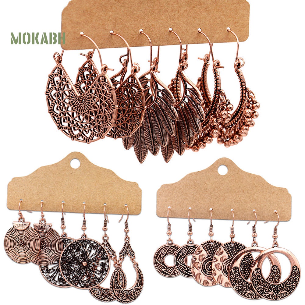 Set 3 Đôi Khuyên Tai Tròn Gắn Lông Vũ Phong Cách Boho