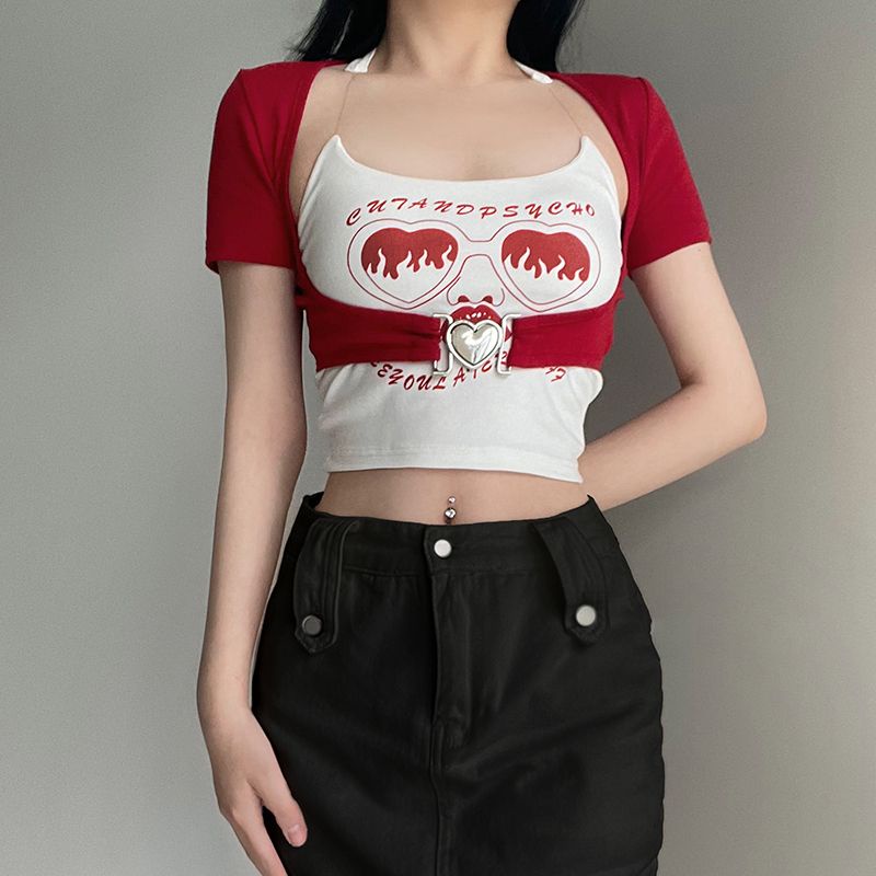 Áo Thun Tay Ngắn Hai Dây In Hình Trái Tim Phối Màu Đỏ Đen Thời Trang Mùa Hè Cho Nữ