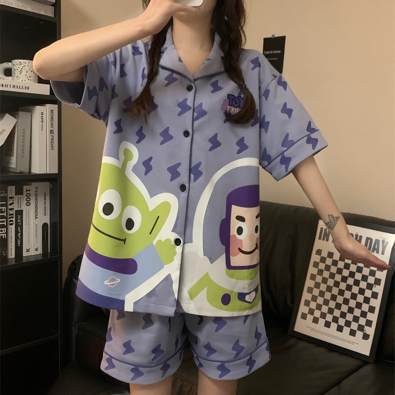 Bộ Đồ Ngủ Ngắn Tay Họa Tiết Hoạt Hình Người Ngoài Hành Tinh Thời Trang Mùa Hè Cho Nữ