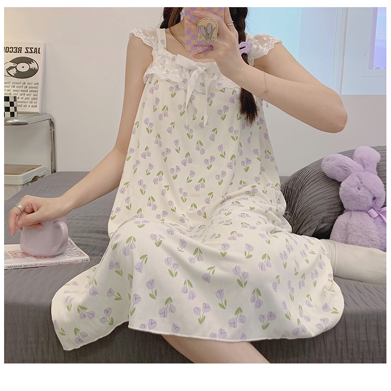 Đầm Ngủ Cotton Dệt Kim Phối Ren Có Đệm Ngực Phong Cách Công Chúa Ngọt Ngào Thời Trang Mùa Hè Kiểu Mới Dành Cho Nữ