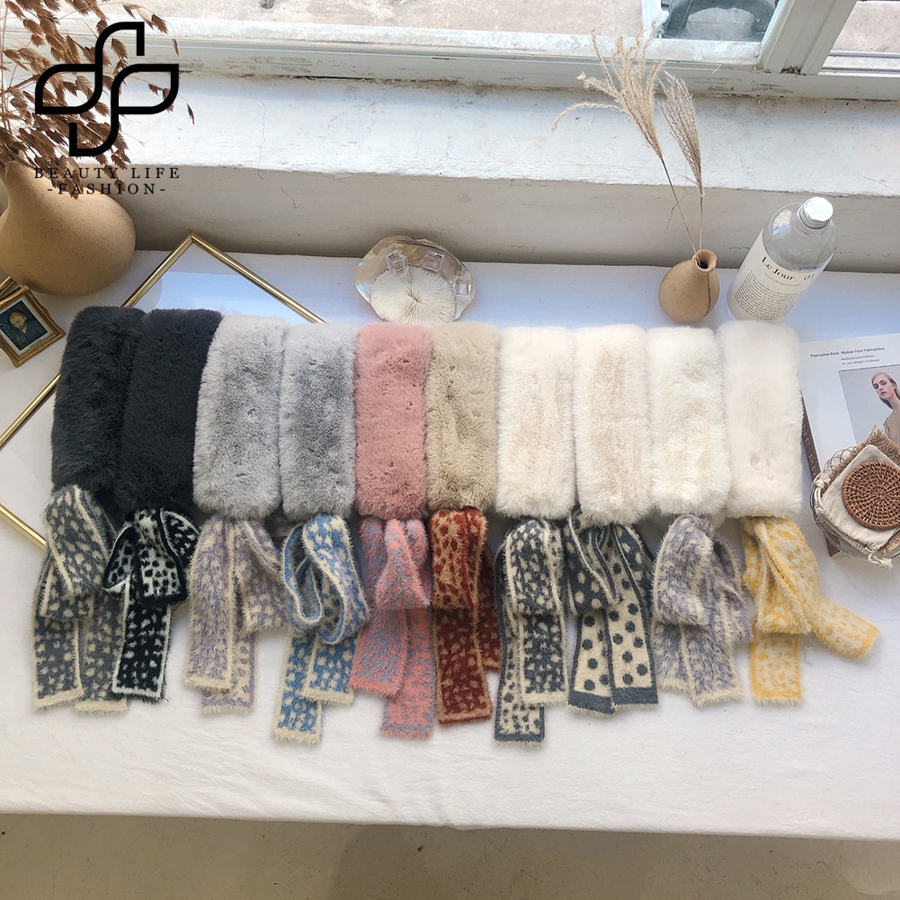 Khăn Choàng Cổ Giả Lông Thỏ Họa Tiết Da Báo Đính Nơ Ấm Áp Thời Trang Mùa Đông Cho Nữ