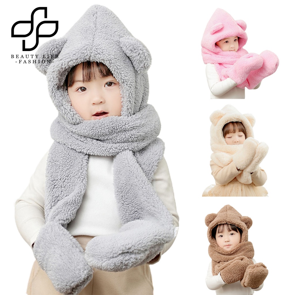 Khăn Choàng Cổ / Mũ / Găng Tay Giữ Ấm Mùa Đông 3 Trong 1 Kiểu Dáng Hoạt Hình Dễ Thương Dành Cho Bé Gái