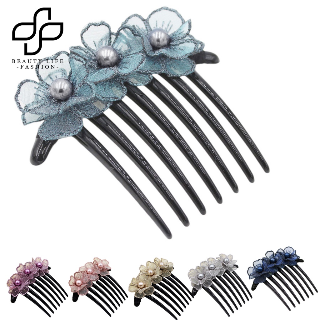 Lược Cài Tóc Mật Độ Chống Trượt Thêu Hoa Đính Ngọc Trai Giả Dễ Thương