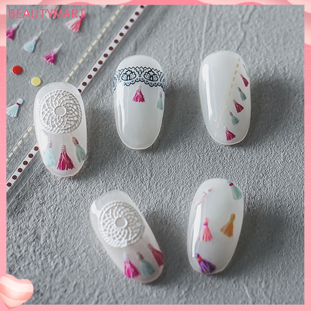 Miếng Dán Trang Trí Móng Tay Tự Dính Họa Tiết Chấm Bi Phối Tua Rua Dễ Thương