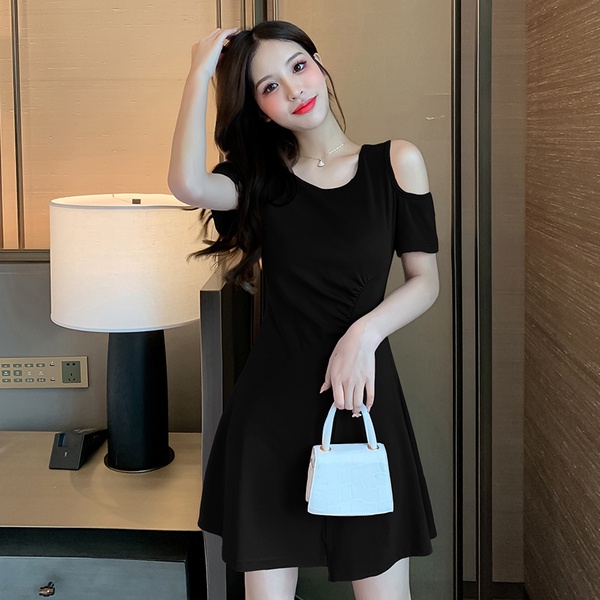 Đầm Chữ A Tay Ngắn Hở Vai Màu Trơn Đơn Giản Thời Trang Mùa Hè Phong Cách Hàn Quốc Cho Nữ