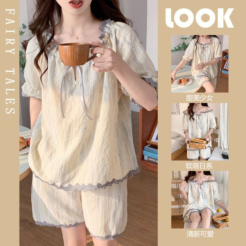 Bộ Đồ Ngủ Áo Tay Ngắn Phồng Cổ Tròn + Quần Short Vải Cotton Thời Trang Mùa Hè 2023 Mới Cho Nữ