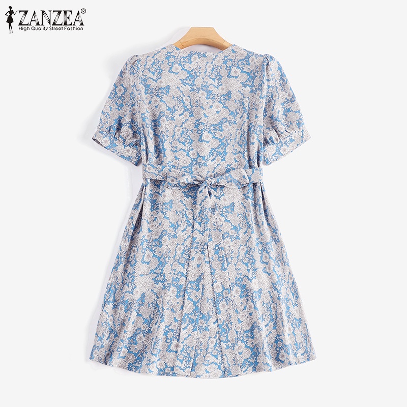 Zanzea Đầm Chữ A Cổ V Tay Phồng Xếp Ly Kiểu Hàn Quốc Thời Trang Cho Bạn Gái