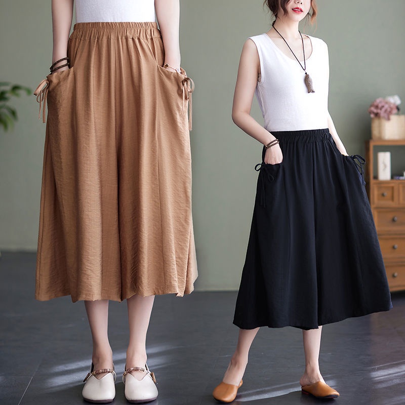 Quần Culottes Cotton Lanh Ống Rộng Màu Trơn Phong Cách Mới Mùa Hè Cho Nữ