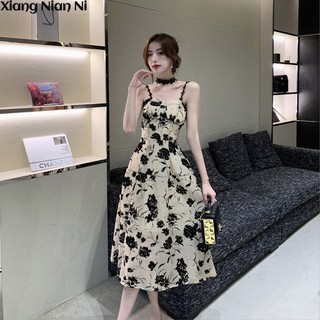 Đầm XIANG NIAN NI hai dây họa tiết hoa phong cách hepburn Pháp cổ điển quyến rũ