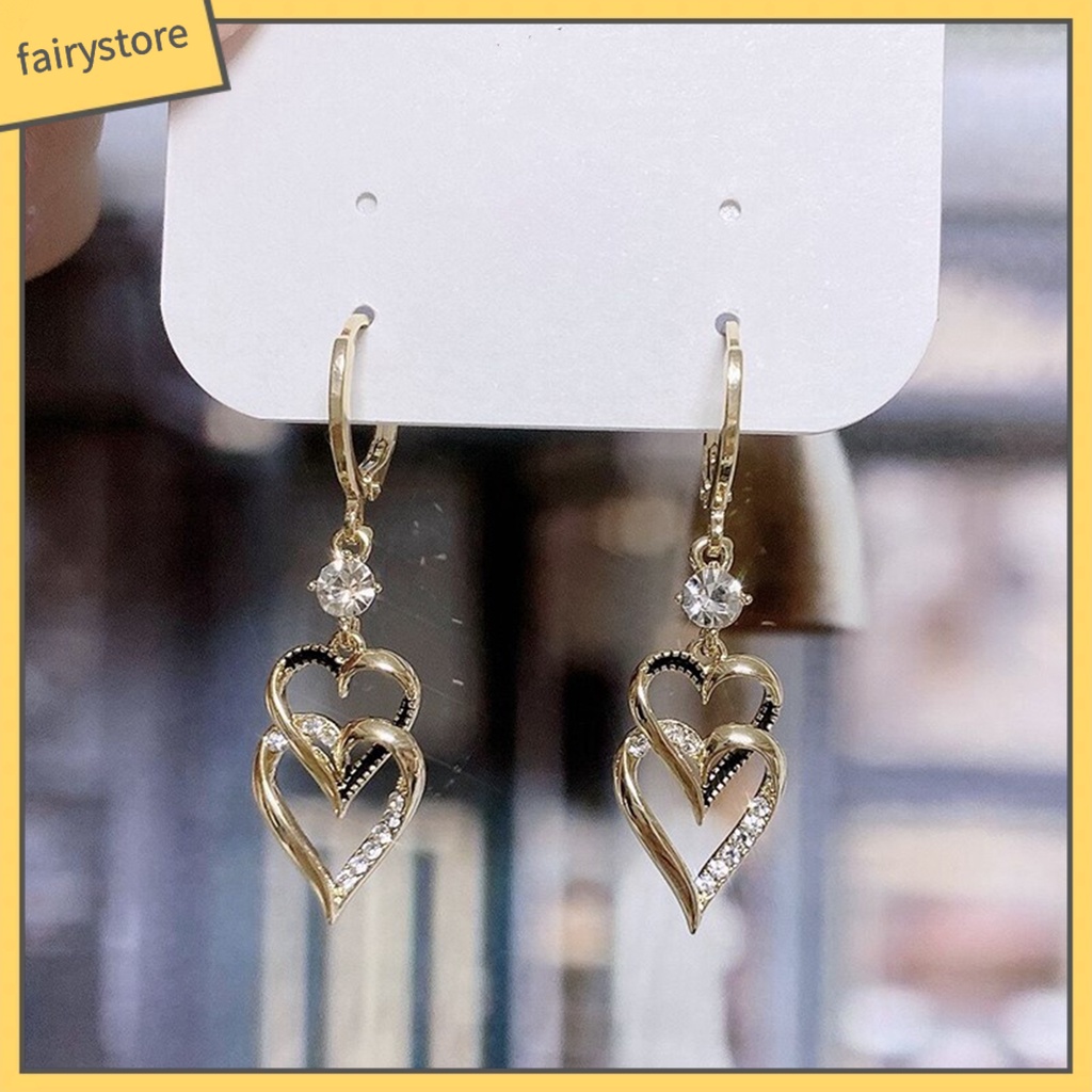 1 Đôi Bông Tai Hình Trái Tim Hai Lớp Đính Đá Lấp Lánh Phong Cách Hàn Quốc Thời Trang