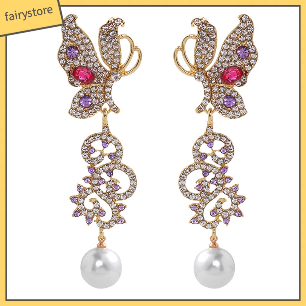 1 Đôi Bông Tai Thả Hình Bướm Rỗng Đính Ngọc Trai Sáng Bóng Dành Cho Nữ