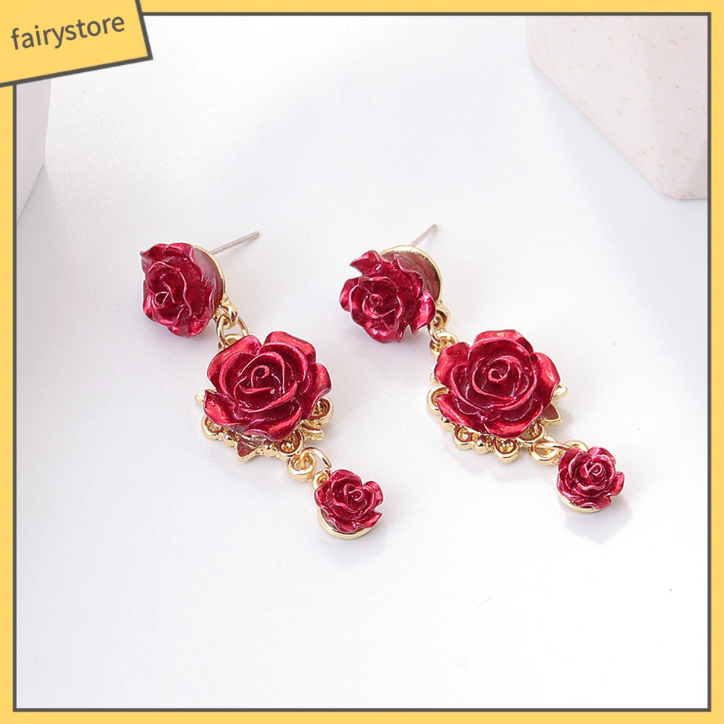 1 Đôi Bông Tai Hợp Kim Hình Hoa Hồng Đính Đá Phong Cách Retro