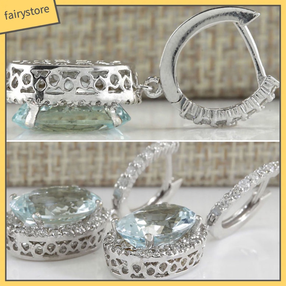 Bông Tai Dáng Dài Hình Oval Đính Đá Aquamarine Nhân Tạo Thời Trang Cho Nữ