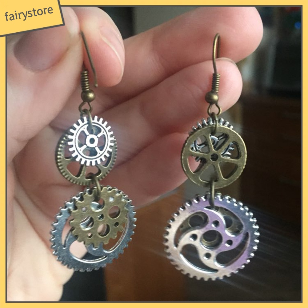 Khuyên Tai Kim Loại Hình Bánh Răng Đôi Phong Cách Steampunk Thời Trang Cho Nữ
