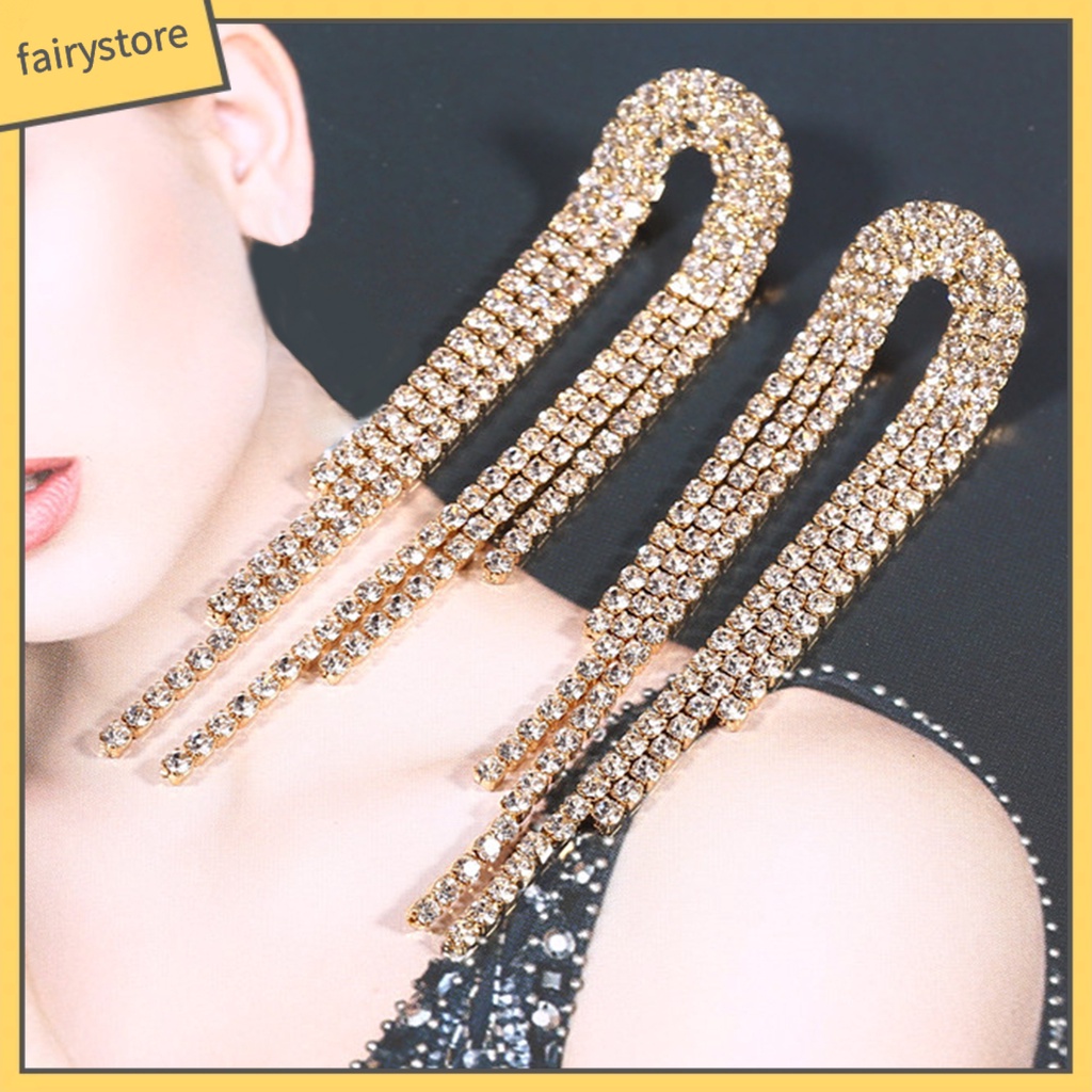 1 Đôi Bông Tai Dáng Dài Đính Đá Lấp Lánh Phong Cách Hàn Quốc