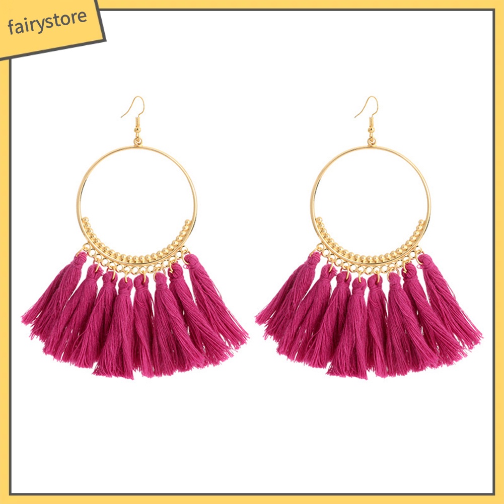 Đôi Khuyên Tai Tròn Phối Tua Rua Phong Cách Vintage Thời Trang Cho Nữ