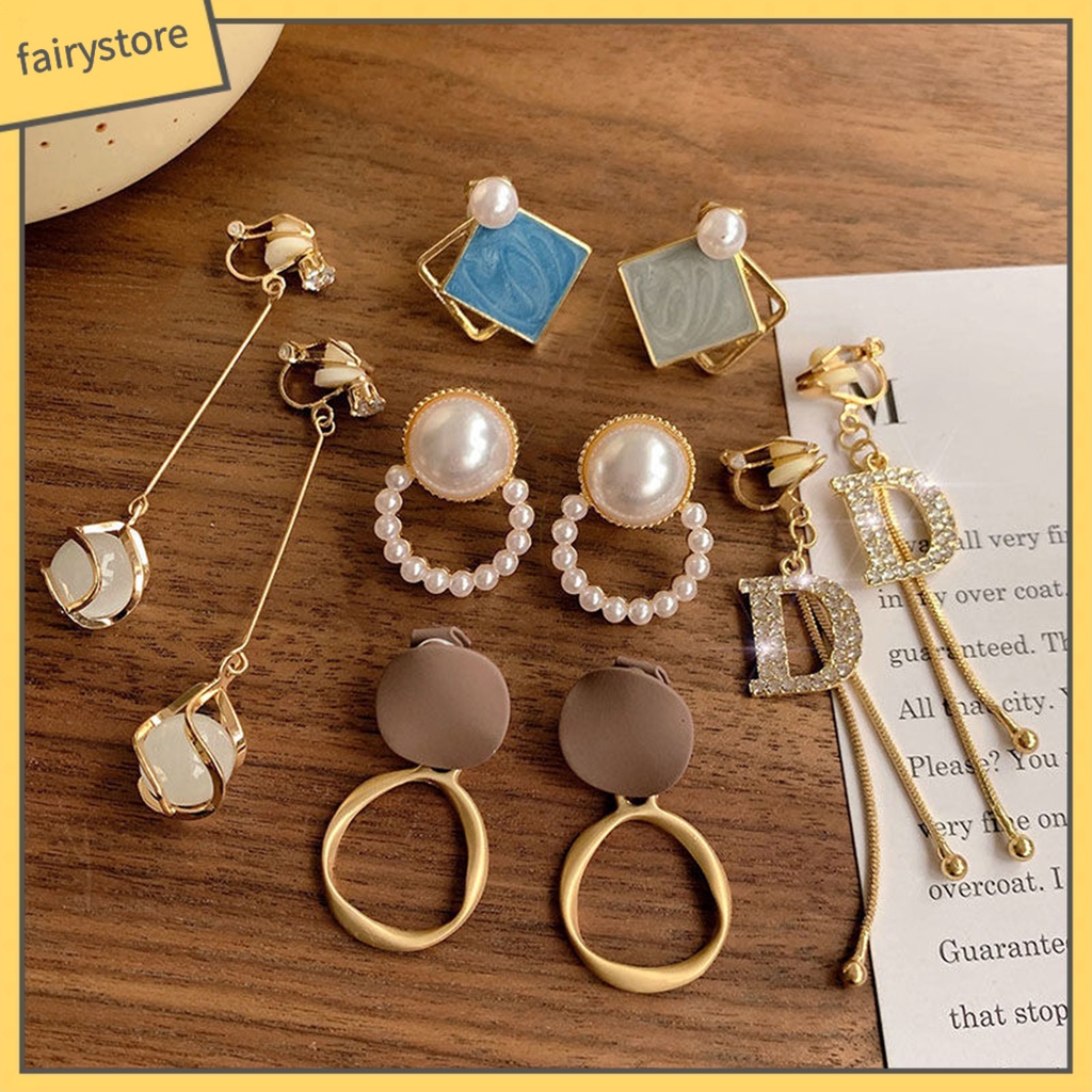 [FRO] Set 5 Đôi Bông Tai Dáng Dài Đính Ngọc Trai Giả Hình Chữ D Cho Tiệc Cưới