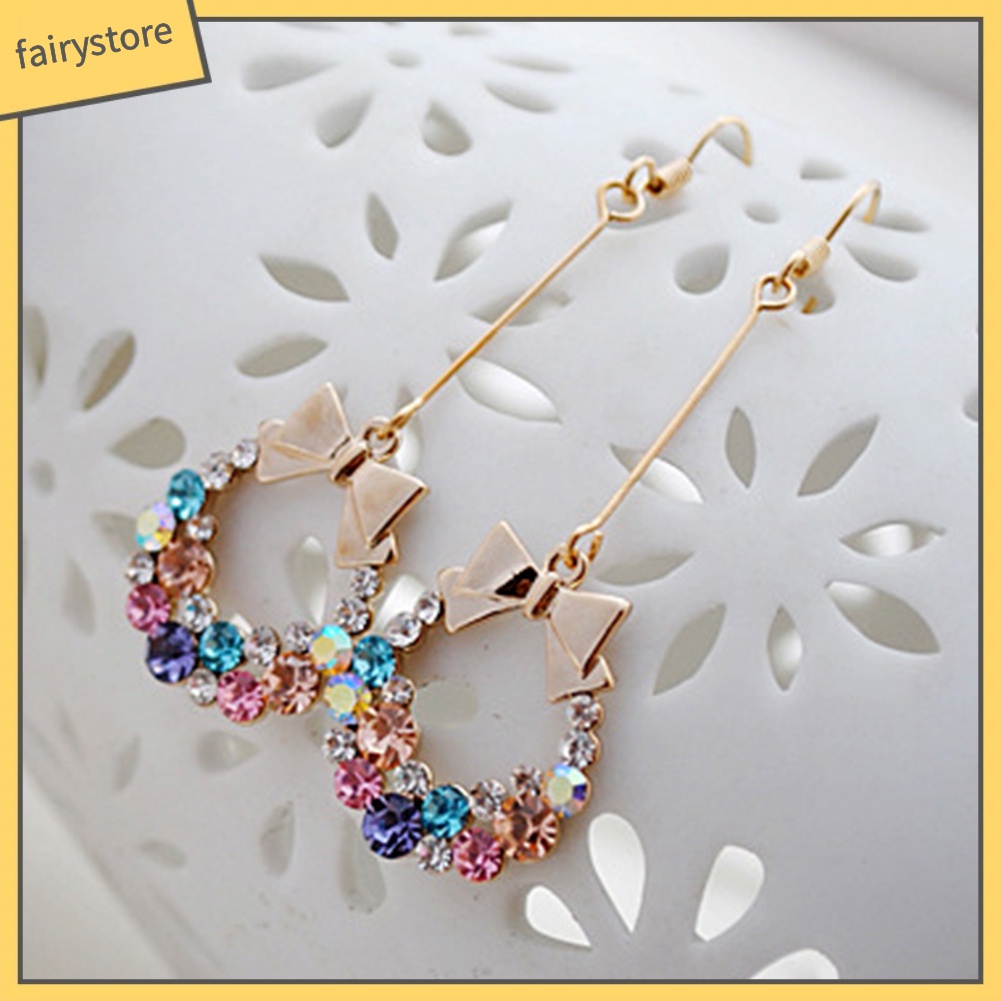 Bông Tai Tua Rua Dáng Dài Hình Nơ Đính Đá Nhiều Màu Sắc