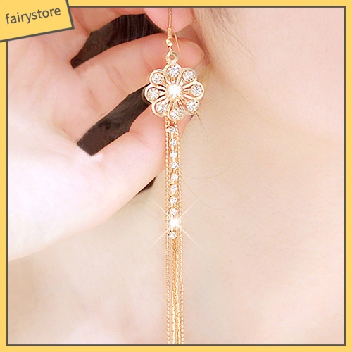 Bông Tai Dài Hình Hoa Đính Đá Dạng Móc Tua Rua Lấp Lánh Cho Nữ