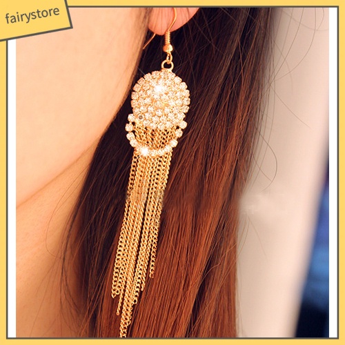 Bông Tai Dáng Dài Đính Đá Phối Tua Rua Thời Trang Cho Nữ