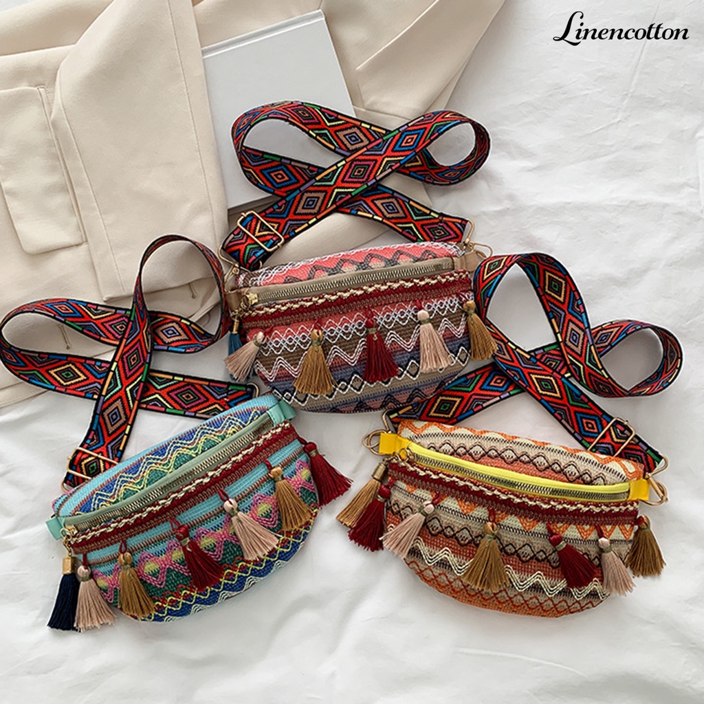 Túi Đeo Chéo Ngực Khóa Kéo Phối Tua Rua Phong Cách Bohemian