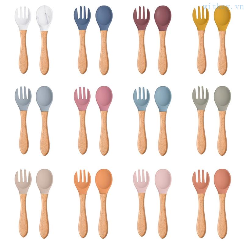 Bộ Muỗng Nĩa Silicone Cán Gỗ Dành Cho Trẻ Em Tập Ăn