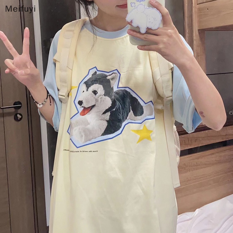 Áo Thun Tay Ngắn Cổ Tròn Dáng Rộng In Hình Chú Chó Hoạt Hình Dành Cho Nữ