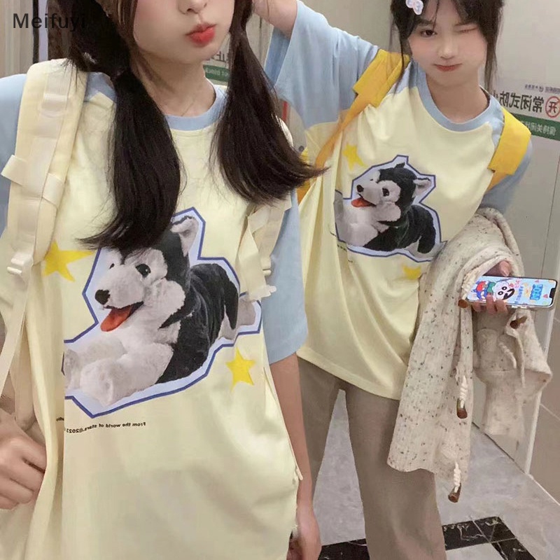 Áo Thun Tay Ngắn Cổ Tròn Dáng Rộng In Hình Chú Chó Hoạt Hình Dành Cho Nữ