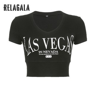 RelaGala Nữ Đơn Giản In Chữ Ôm Cổ Chữ V Tay Ngắn Top Crop Rốn Mới Áo Thun
