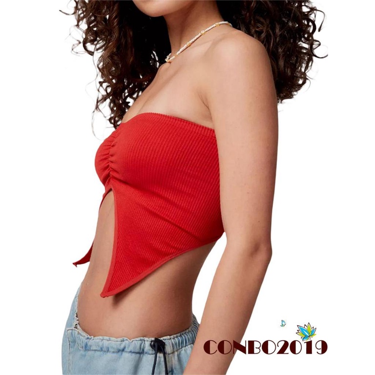 Hgm Áo Croptop Trễ Vai Không Dây Co Giãn Xẻ Tà Màu Trơn Thời Trang Đường Phố Đi Câu Lạc Bộ Đường Phố Cơ Bản Dành Cho Bạn Nữ