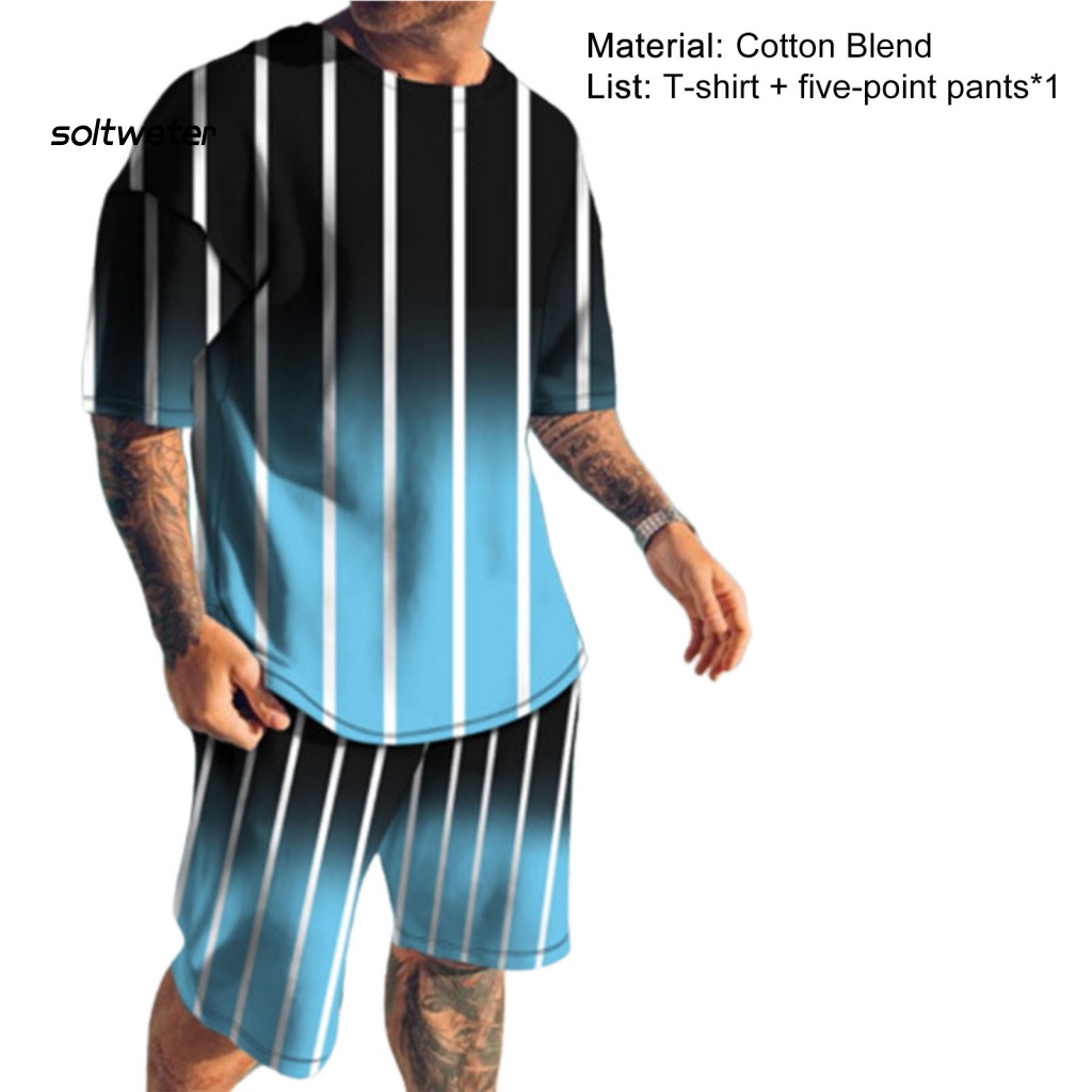 Set Đồ Mùa Hè 2 Món Gồm Áo Thun Tay Cộc Cổ Tròn Có Túi In Họa Tiết Kẻ Sọc 3D + Quần Shorts Cho Nam