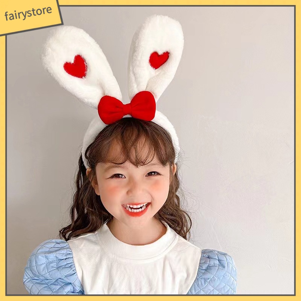 Băng Đô Cài Tóc Tai Thỏ Bằng Vải Bông Mềm Mại Co Giãn Đính Nơ In Họa Tiết Trái Tim Màu Tương Phản